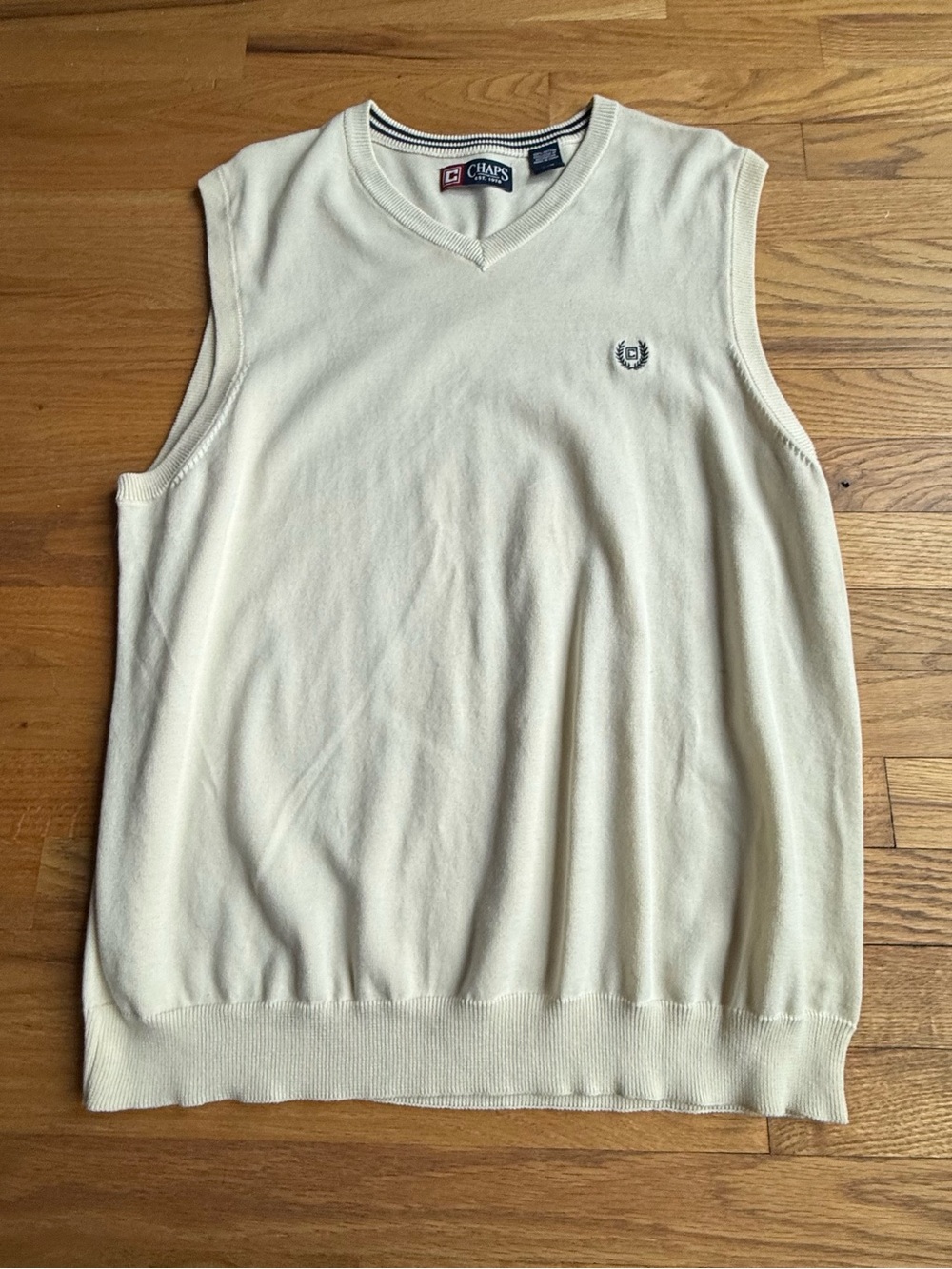 Chaps Men’s Cream Cotton V-Neck Sweater Vest Large Preppy